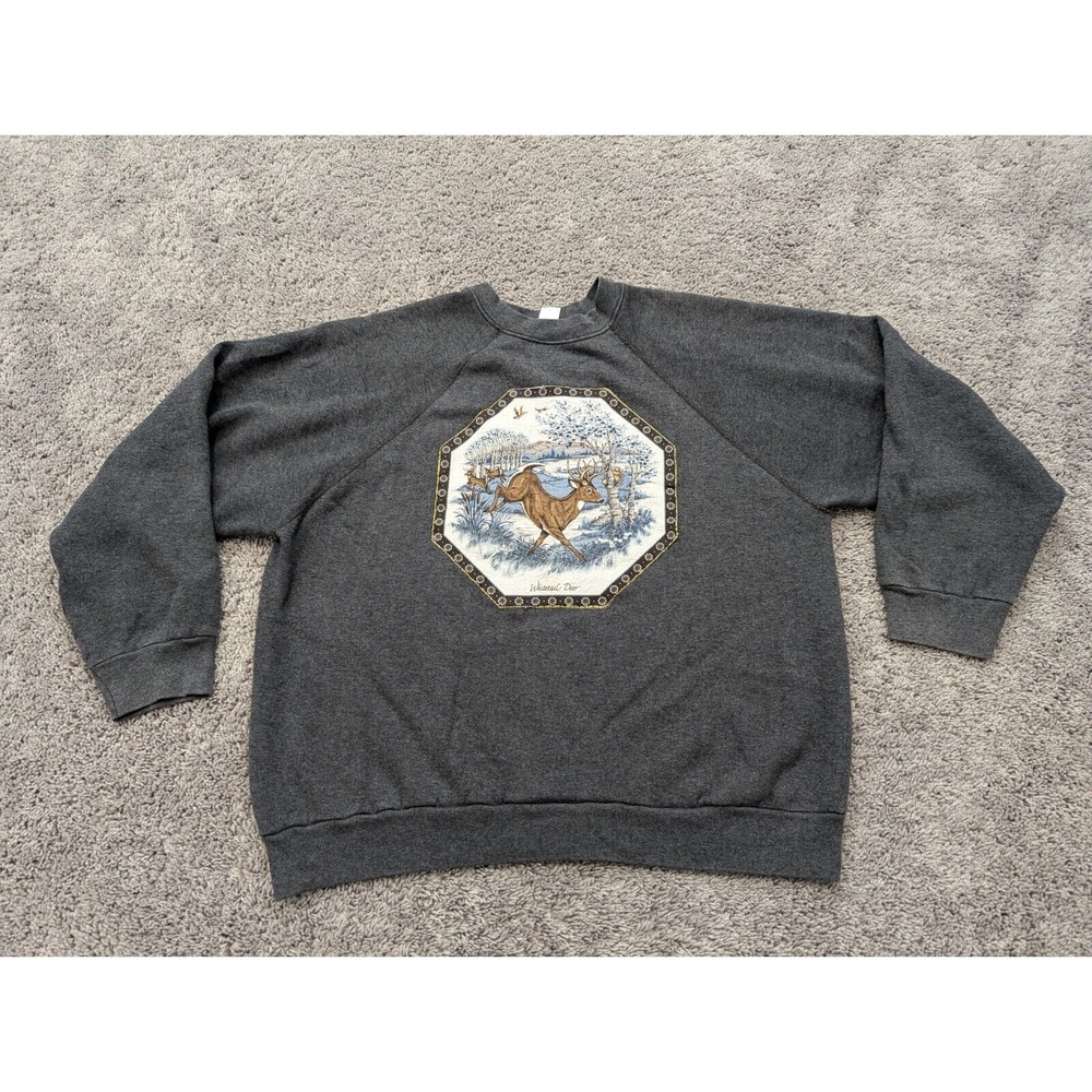 Vintage Tultex Sweater Mens XXL Gray Pullover Fleece Whitetail Deer Gray Fall‎